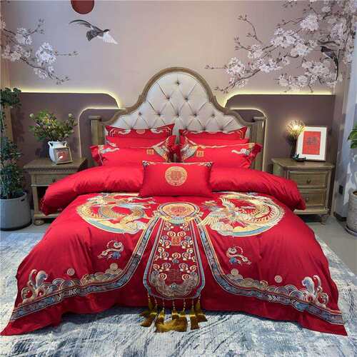 高档婚庆丨仪式感中式贡缎提花四件套多件套龙凤刺绣大红色结婚
