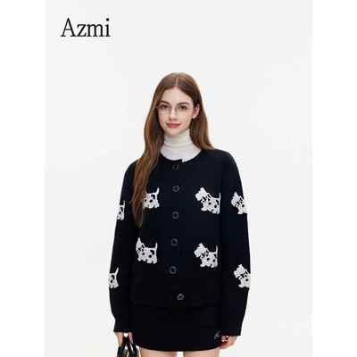 Azmi小狗植绒针织开衫外套女秋冬2025新款宽松显瘦慵懒风加厚毛衣