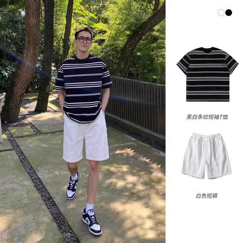 轻奢日系黑白条纹t恤男夏季宽松百搭休闲套装短袖半袖体恤上衣服