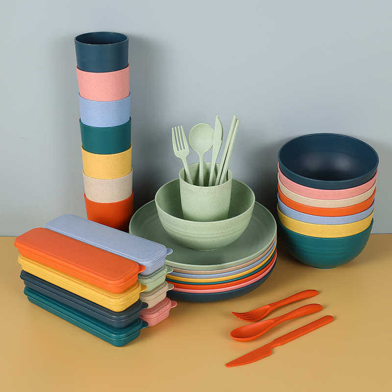 产品 小麦秸秆多色盘碗杯子刀叉勺便携餐具8人份户外餐具套装,餐饮具,盘,淘宝优惠券,粉丝福利购,淘宝优惠卷