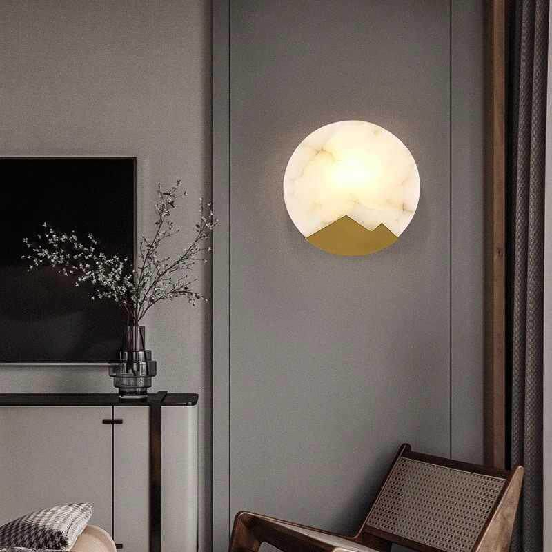 月亮壁灯卧室床头灯轻奢新中式全铜云石灯创意圆形氛围感装饰灯