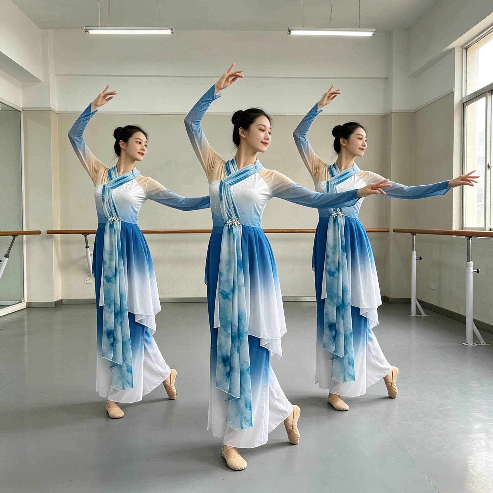 中国风古典舞演出服女飘逸蓝色渐变扇子舞胶州秧歌服舞台表演服装
