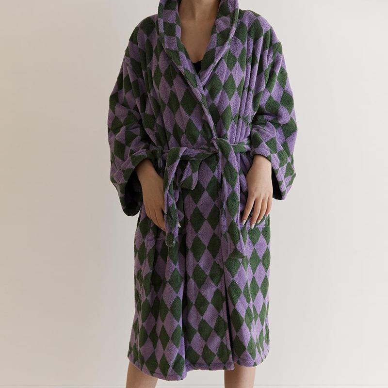 新款复古菱形格长绒棉浴袍酒店简约毛巾料家居服成人男女浴袍