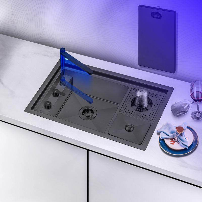 厨房黑色纳米洗杯器垃圾桶集成隐形水槽隐藏式304不锈钢升降龙头