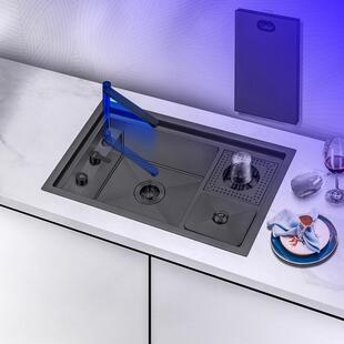 厨房黑色纳米洗杯器垃圾桶集成隐形水槽隐藏式 304不锈钢升降龙头