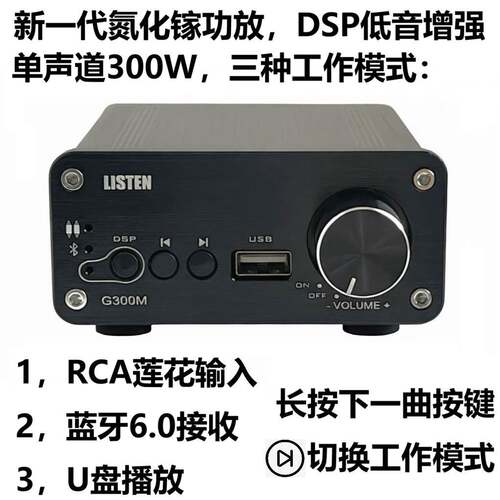 雷声氮化镓DSP蓝牙6.0功放纯数字单声道300W汽车摩托车家用低音炮