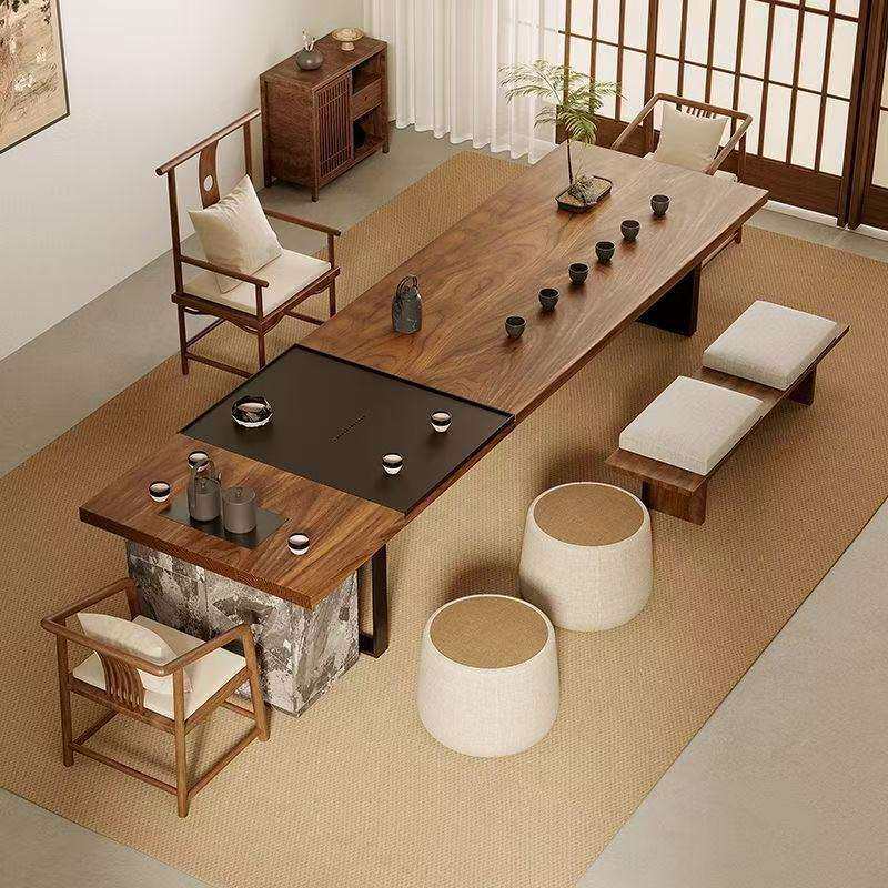 宋代美学黑胡桃木办公茶桌一体家用客厅新中式泡茶台大板新款高端