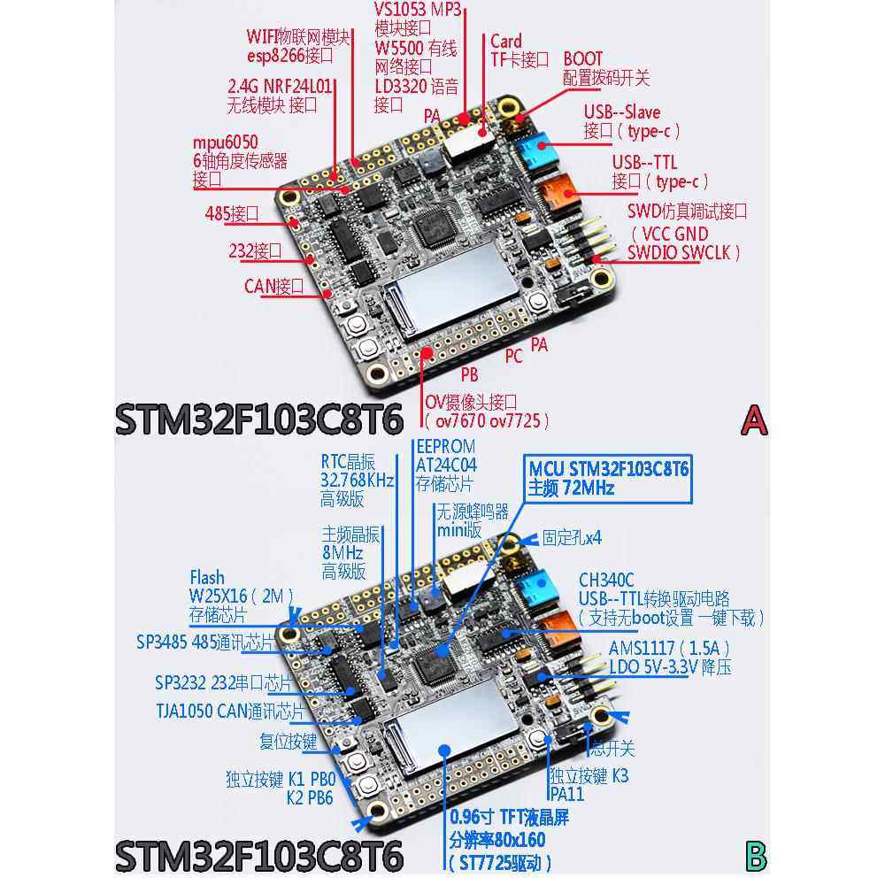STM32F103C8T6开发板带tft屏幕 串口 存储485 232can单片机学习板