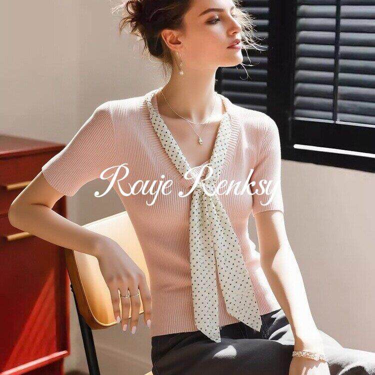 法国Rouje Renksy法式温柔V领短袖上衣女夏蝴蝶结大尺码内搭针织