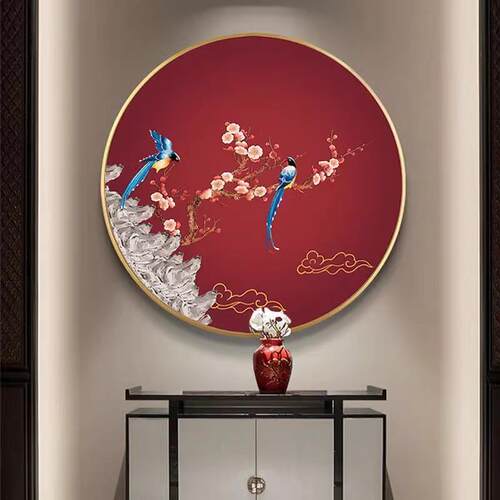 喜气盈门梅花圆形挂画新中式玄关装饰画走廊过道壁画花鸟客厅墙画