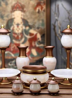 白玉镶铜香炉家用供佛水杯花瓶供盘供灯佛前供具套装佛具全套摆件