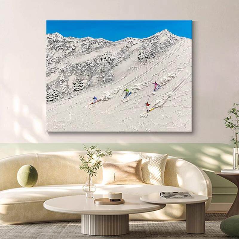 白色滑雪极简风客厅装饰画奶油风纯手绘油画横版抽象玄关肌理挂画