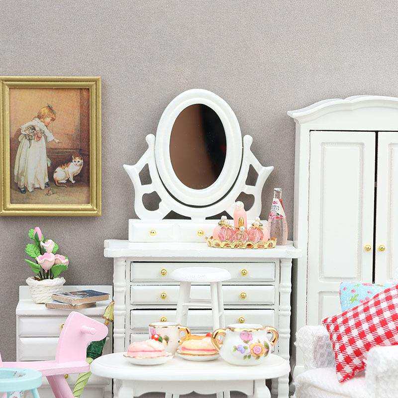 :12娃娃屋dollhouse迷你家具白色小家具桌子彩色梳妆台带镜子