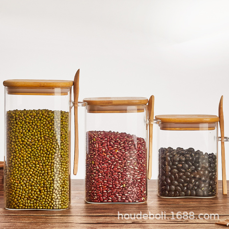 方形糖果罐调味密封罐带勺调料罐玻璃猪油罐防潮奶粉罐收纳储物罐