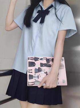 蓝色制服衬衫女短袖日韩系少女学内搭小个子衬衫上衣薄款夏0520e