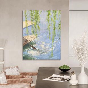 湖边小船柳树风景客厅背景墙装饰画现代小清新治愈系玄关过道挂画