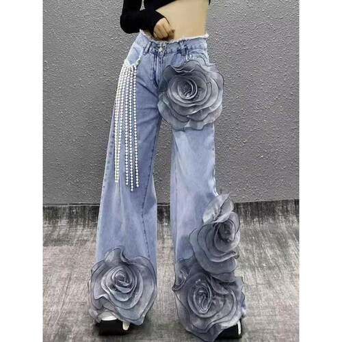 Women's Mid-Waist Wide-Leg Jeans with 3D Flowers & Pearl