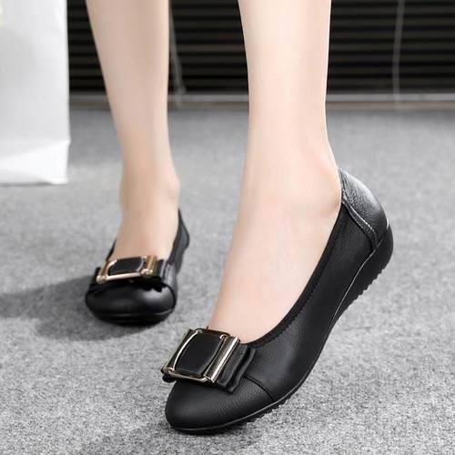 正品春秋妈妈鞋真牛底筋底软皮底单防滑鞋女式皮鞋百搭休闲平豆豆