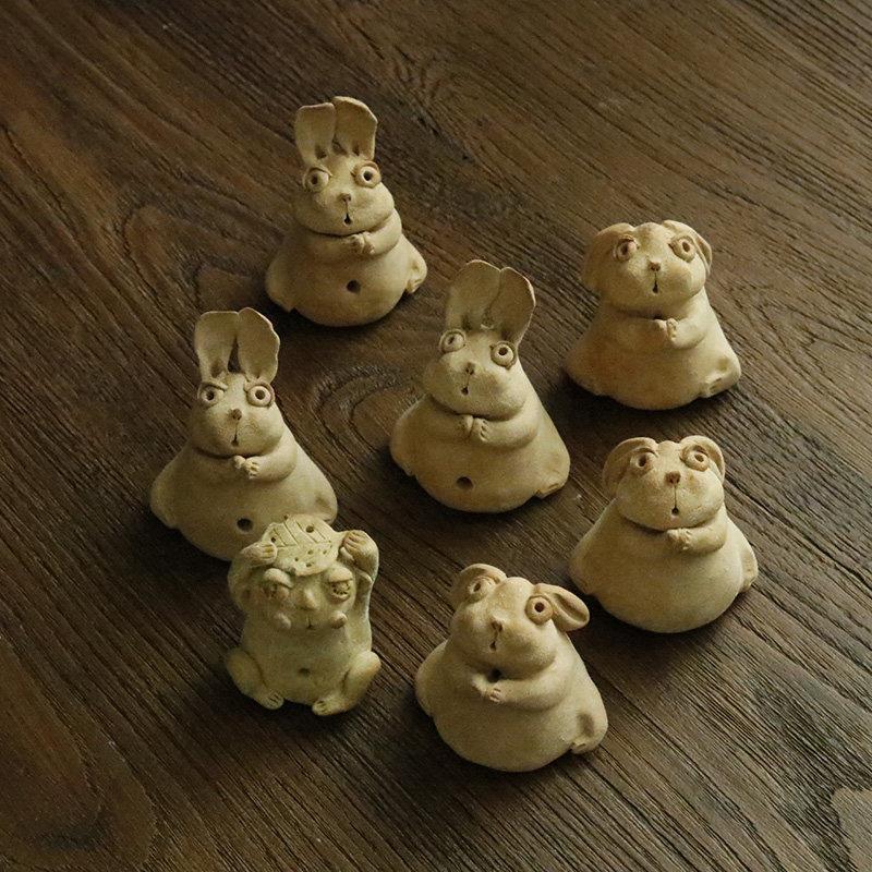 手捏茶宠香插手工制作陶泥可爱兔子摆件可养茶室摆件