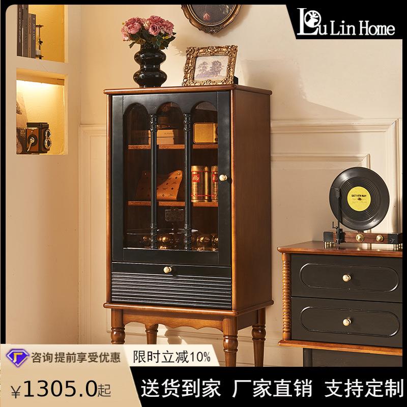 法式复古实木小酒柜家用餐厅三层储物展示柜美式客厅电视柜旁边柜