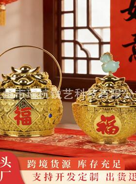 聚宝盆马上提钱摆件新春氛围工艺品装饰新居开店乔迁开业礼品摆件