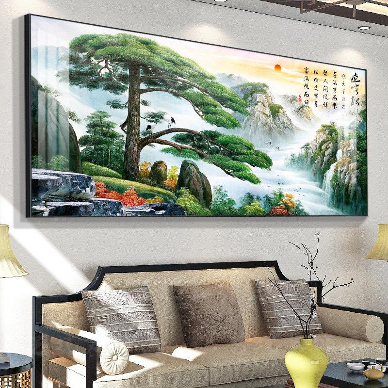 迎客松客厅沙发背景墙装饰茶室挂画风景画山水字画办公室壁画中堂