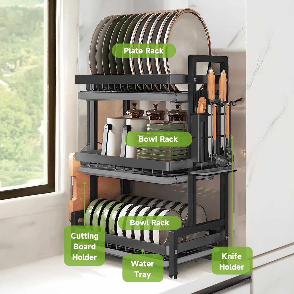 厂家批发 75L大容量洗碗架三层洗碗架厨房台面碗碟抽拉式沥水架