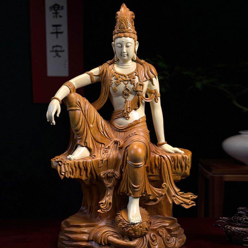 香樟木净瓶水月自在观音木雕根雕摆件寺庙供奉佛像神像文殊普贤