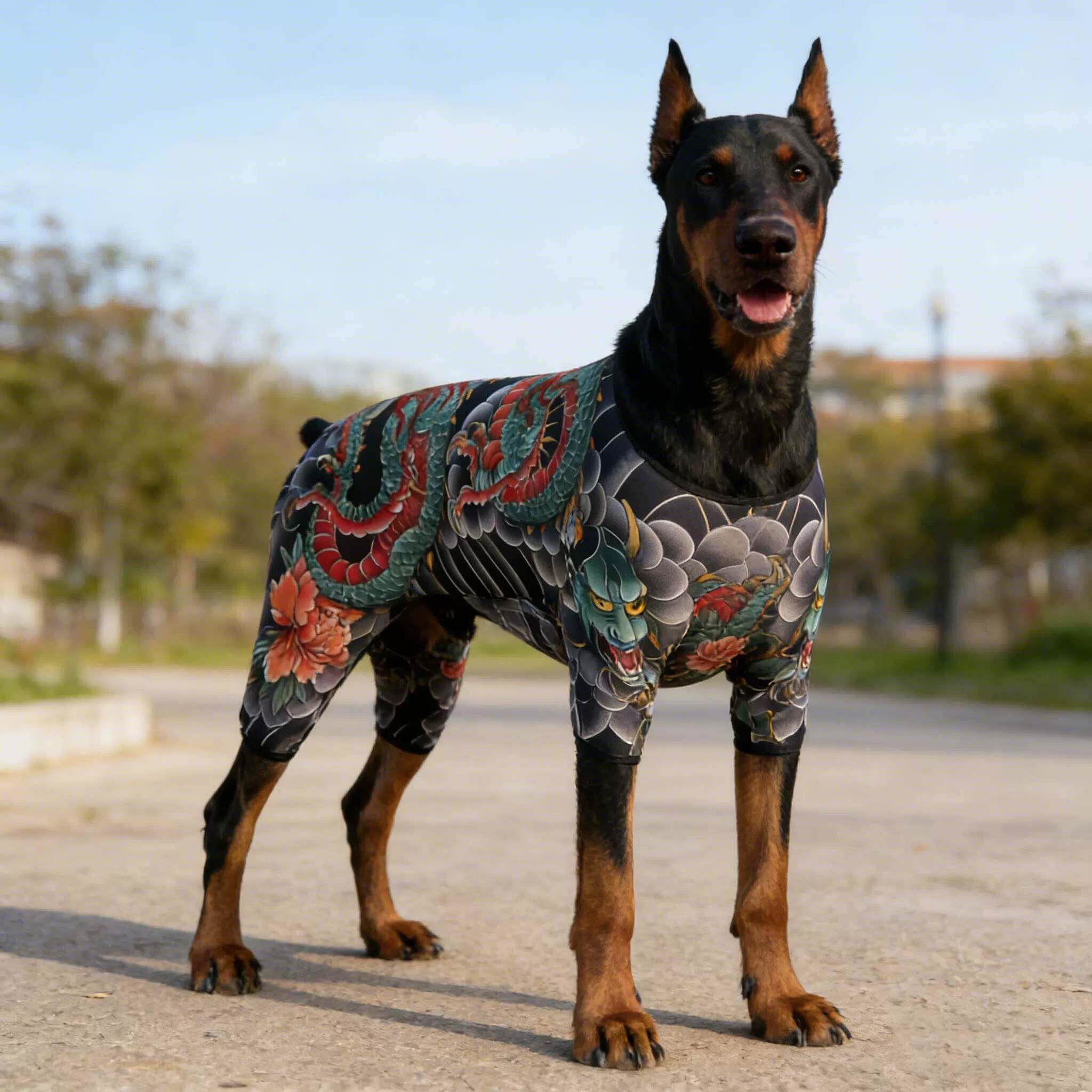 狗狗衣服四脚连体衣龙纹紧身纹身衣高弹防脏保护服宠物服装四季款