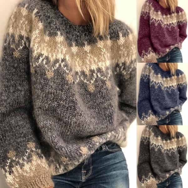 Sweater Womens Jacquard Knit Chunky Mohair Loose Casual