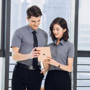 物业公司职业正装灰色衬衫男夏季薄款衬衣家具店销售员工作服女
