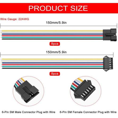 8对-SM插塞式连接器23456针电气公母连接器插电缆150mm22AWG线