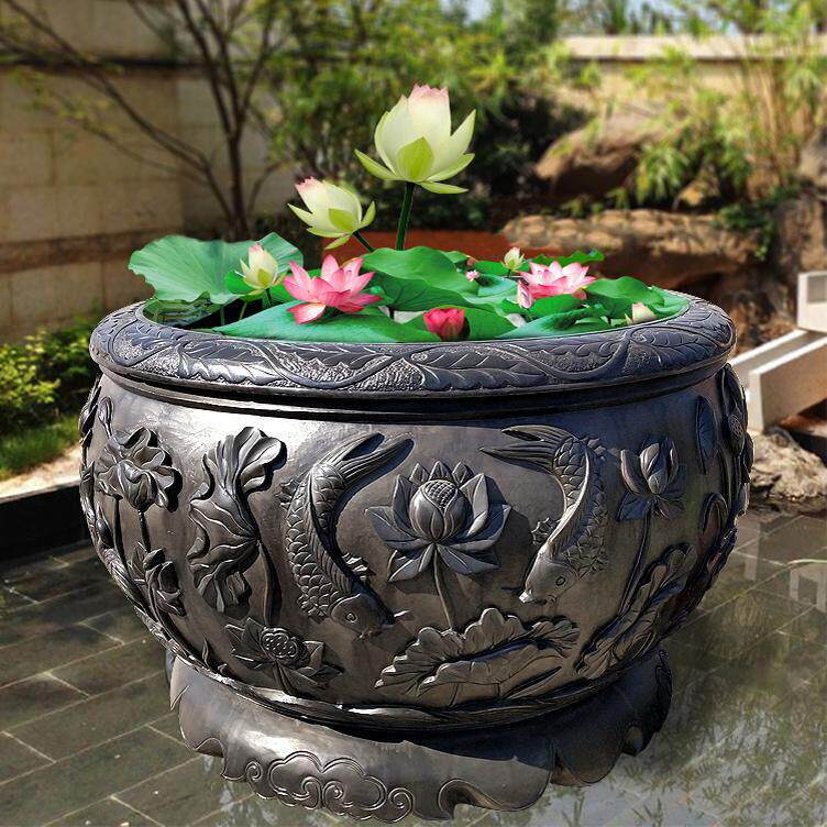 石雕鱼缸青石花盆彷古水缸庭院室内装饰荷花流水培鱼石曹圆缸摆件