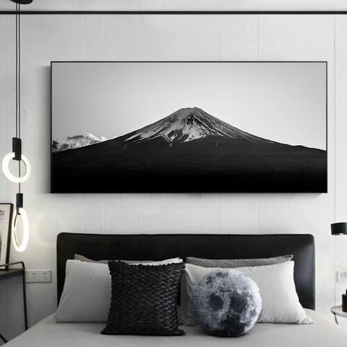 现代简约黑白工业风富士山日式巨幅挂画卧室床头画客厅横幅装饰画