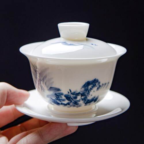 羊脂玉纯手绘三才盖碗陶瓷大号敬茶杯白瓷功夫茶具套装单个泡茶碗