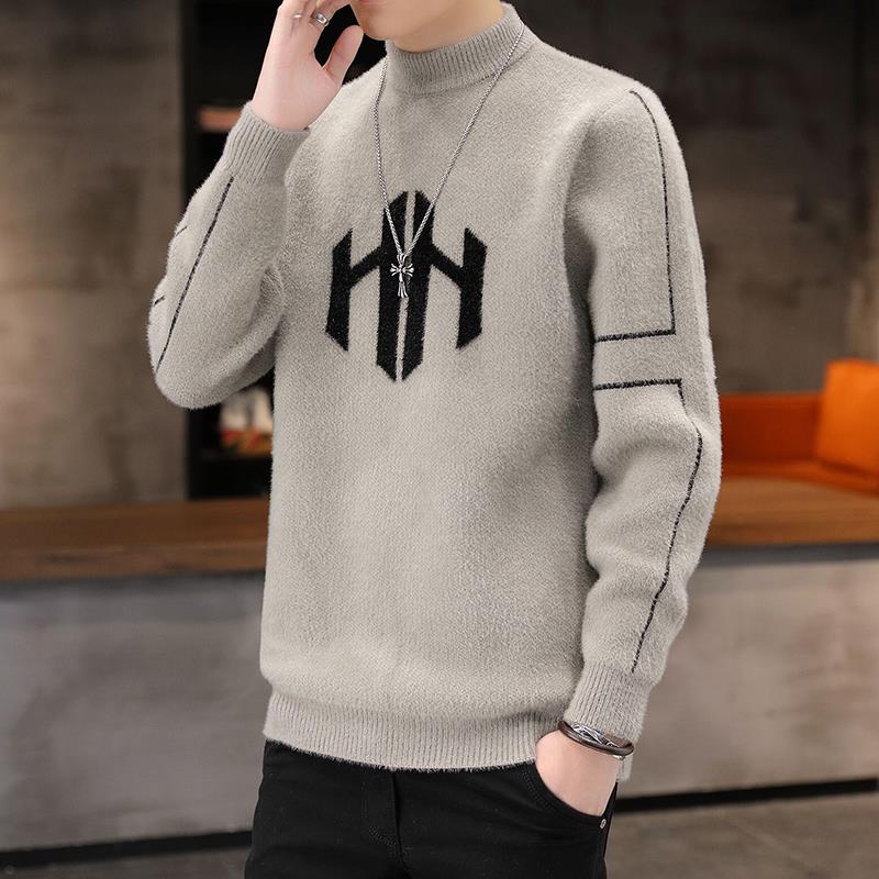 水貂绒毛衣男士半高领打底衫2025新款加绒加厚保暖羊毛衫秋冬季潮