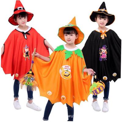 Halloween childrens pumpkin cape broom Witch cape万圣节披风