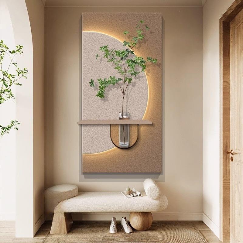 水培绿植奶油风入户玄关装饰画砂岩立体走廊过道挂画客厅壁画灯画