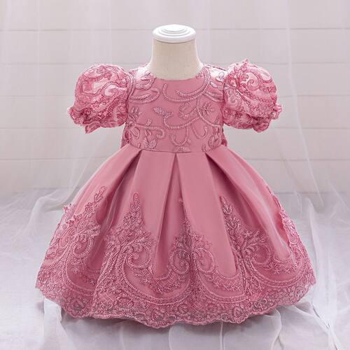 girls embroidery lace trim bubble sleeve dress bow
