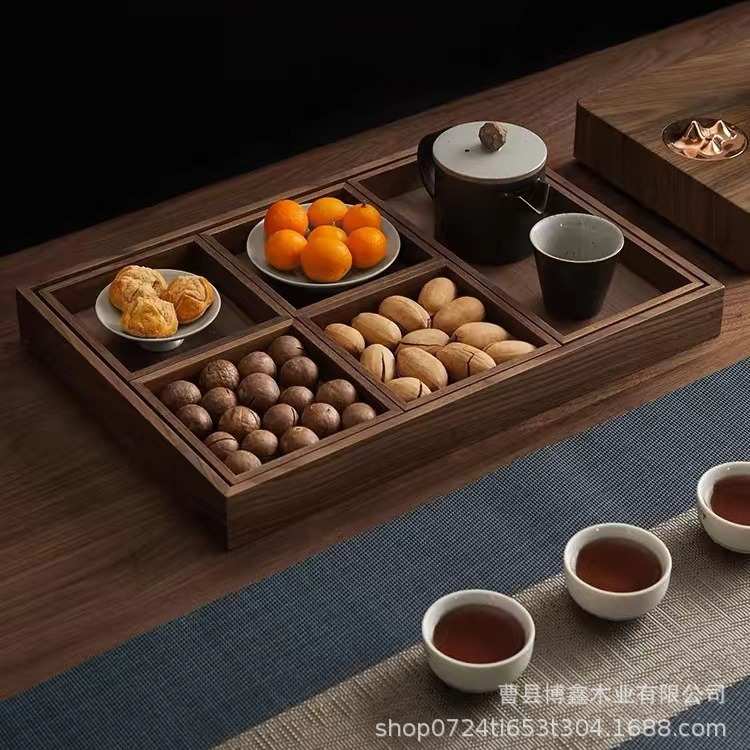 长方形木质茶水盘家用茶杯水具托盘六件套黑胡桃实木日式收纳盘