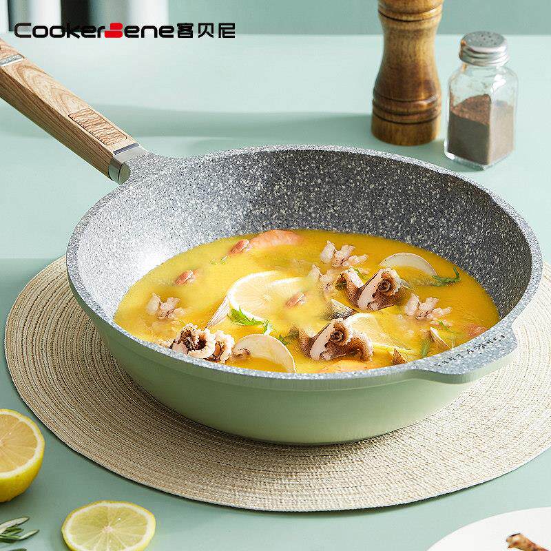 麦饭石锅不沾锅不沾炒锅家用小炒锅平底锅电磁炉瓦斯炉专用炒锅