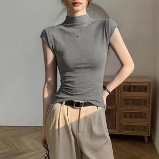 衣服女款秋灰色半高领短袖t恤吊带背心修身打底衫无袖0927z
