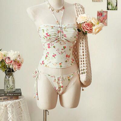 Women ' s Ditsy Floral Print Tankini Set , High Waist Sleeve