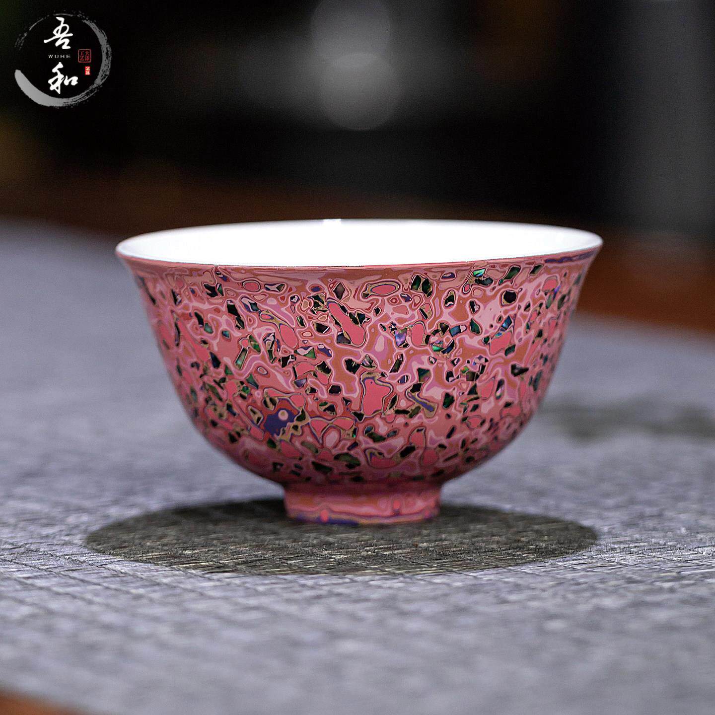 吾和漆器茶具福州非遗大漆手工犀皮粉色螺钿白瓷上釉大宫杯主人杯