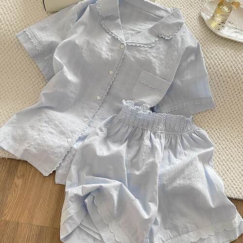 Sin Glee 法式少女蕾丝拼接开衫睡衣女夏季短袖短裤家居服两件套