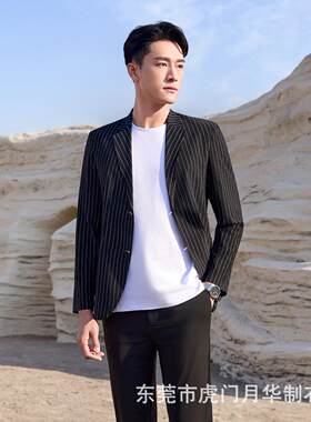 条纹西服套装式夏季速干正装行政商务级休闲西装薄款透气外套