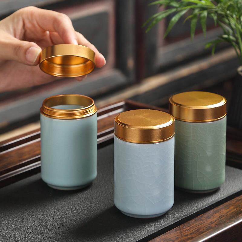 迷你汝窑锡盖茶叶罐便捷旅行存茶罐陶瓷小茶罐密封家用储物罐茶仓