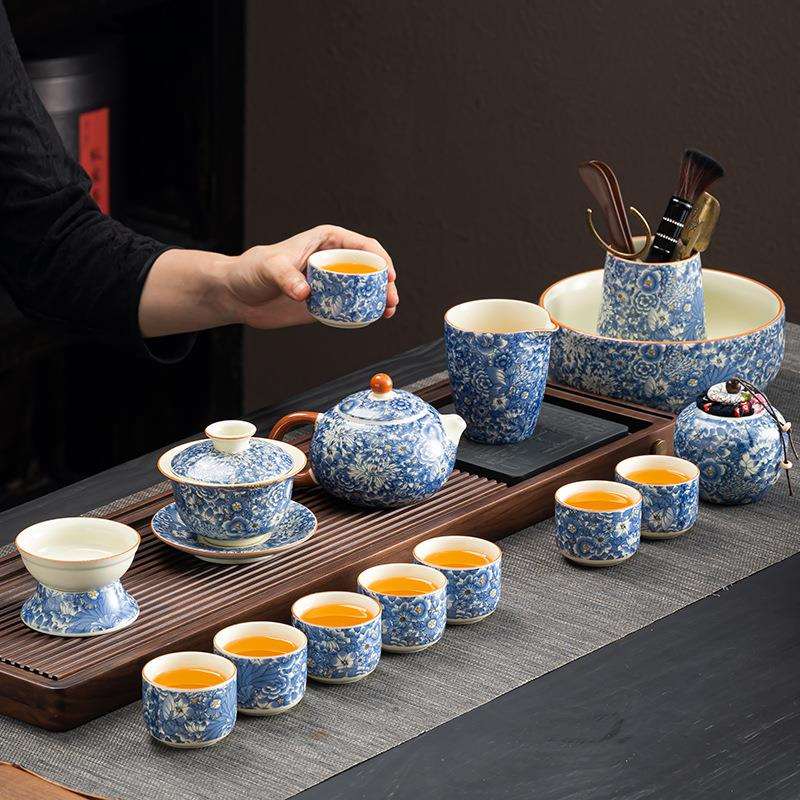 繁花茶具套装家用汝窑功夫整套陶瓷盖碗茶汝窑客厅泡茶壶泡茶茶杯