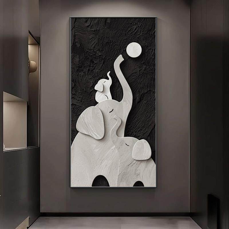玄关过道挂画 画大象入户正对门走廊装饰画 画黑白2025年新款高端