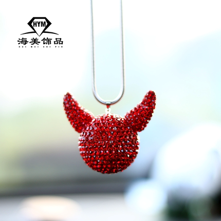 红色恶魔头牛角镶钻水晶挂饰个性创意汽车挂件后视镜装饰